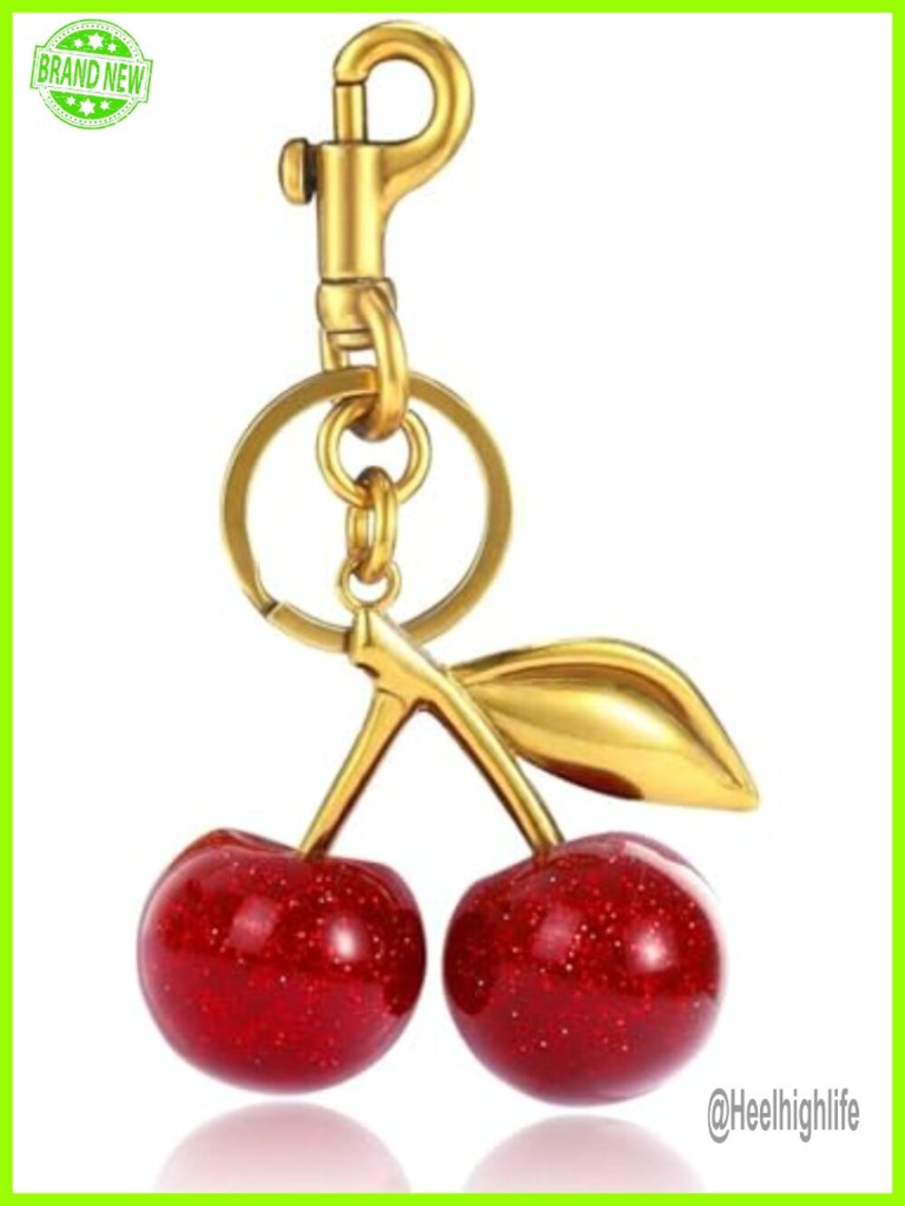 18K Gold Plated Cherry Keychain Resin Bag Charm Purse Accessory Car Key Ring